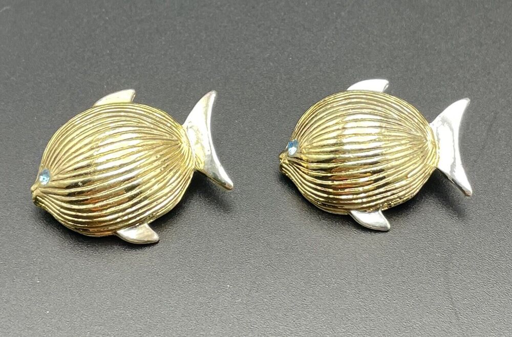 Vintage Two Tone Gold Silver Fish Scatter Pins Pair Blue Jewel Eye Signed AAI